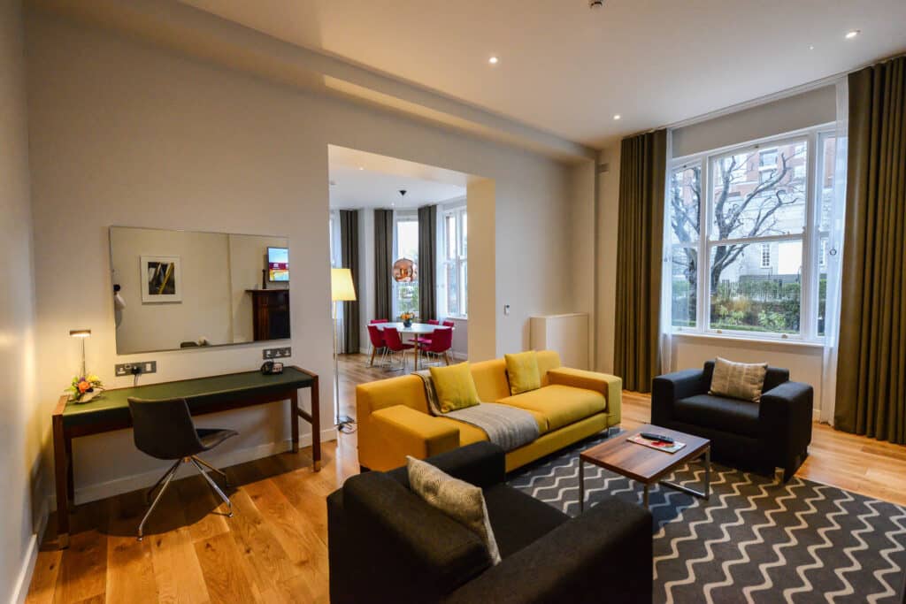 Merrion Suite at Premier Suites Dublin Ballsbridge open plan lounge and dining room